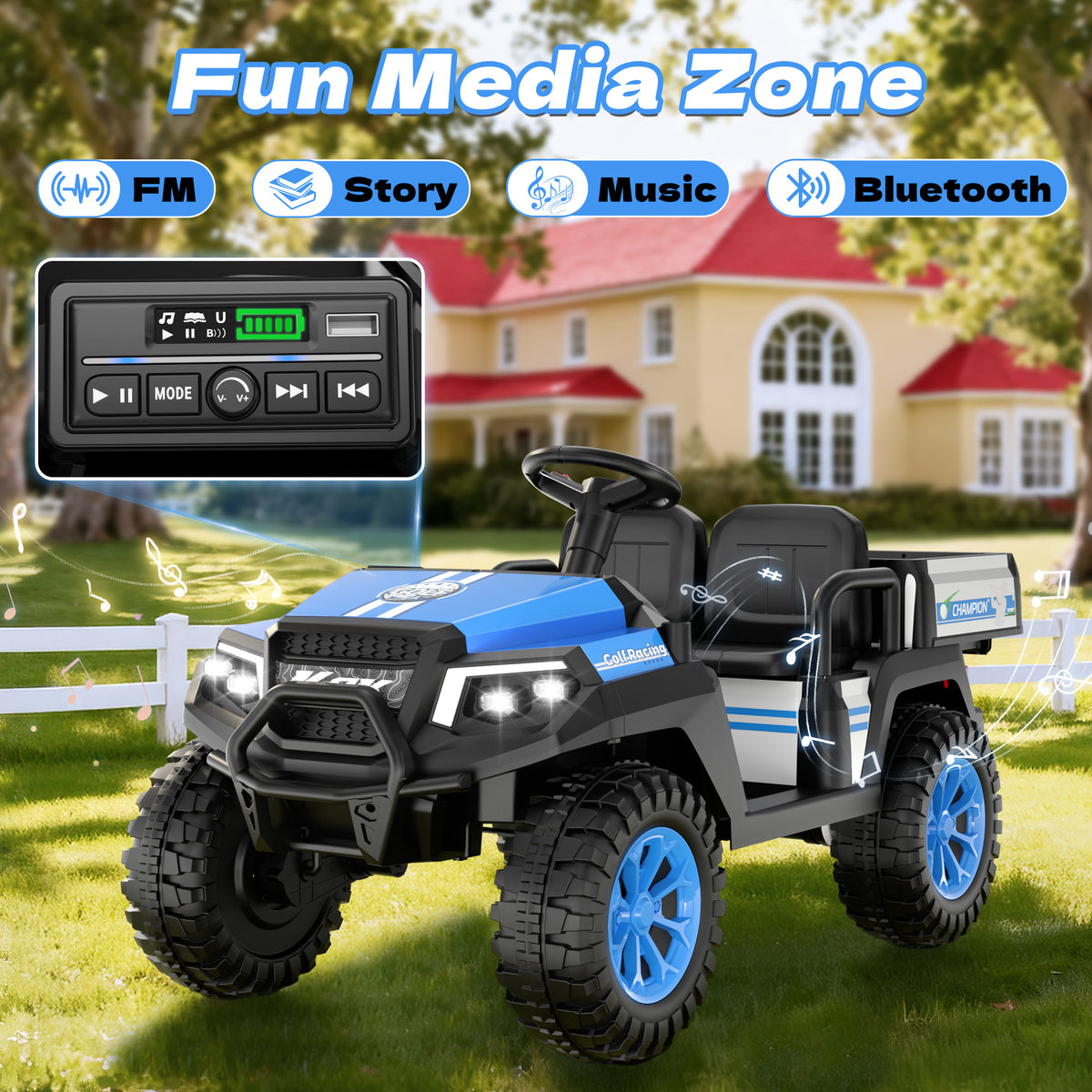 AceCruisers 24v ride on toys for Big Kids w/0.72 ft³ Large Storage Trunk, 4WD 20” 2 Seater Kids Golf Cart w/Detachable Roof, 2 Speeds, Music & Remote Control, LED Lights for Kids Ages 3-8(Blue)