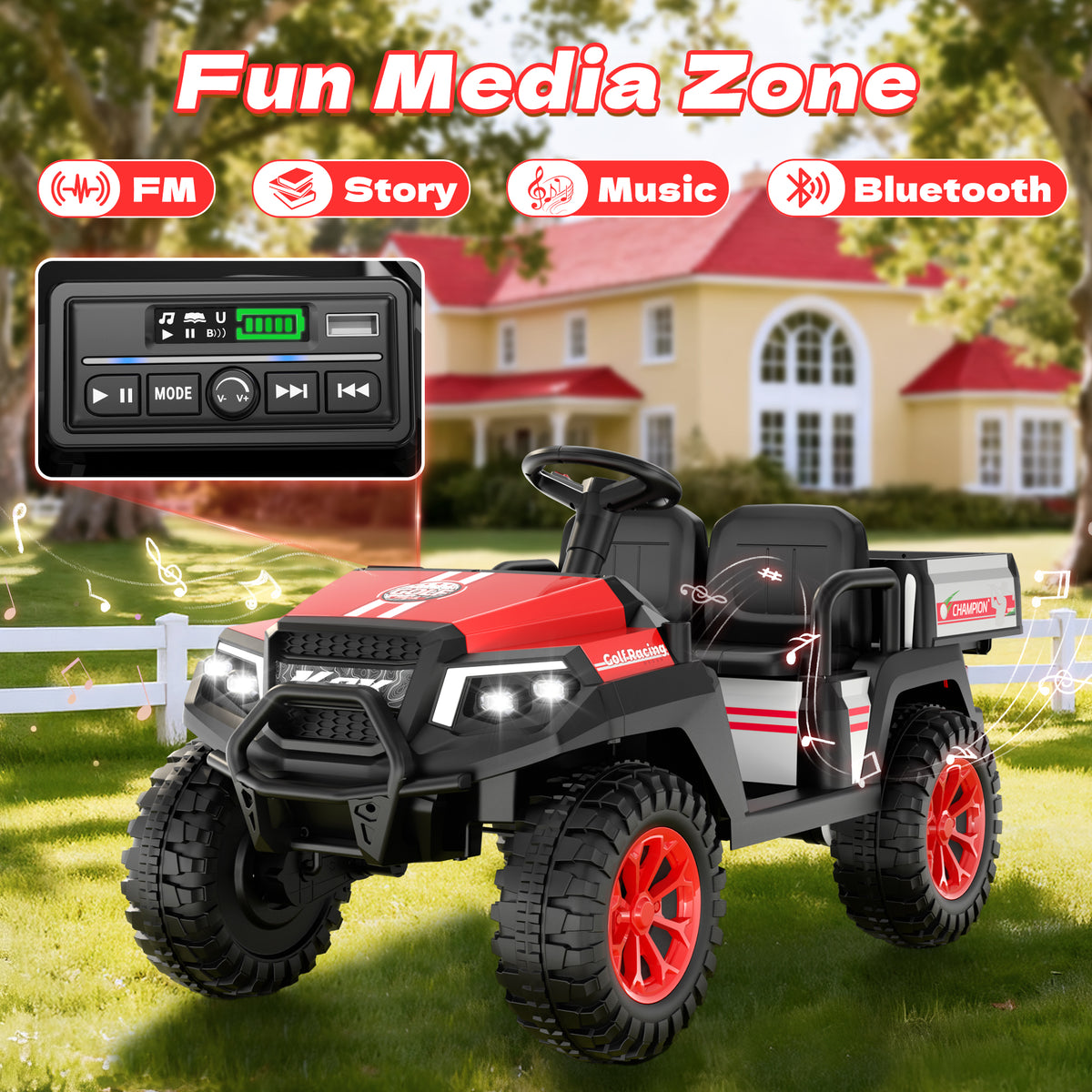 AceCruisers 24v ride on toys for Big Kids w/0.72 ft³ Large Storage Trunk, 4WD 20” 2 Seater Kids Golf Cart w/Detachable Roof, 2 Speeds, Music & Remote Control, LED Lights for Kids Ages 3-8(Red)