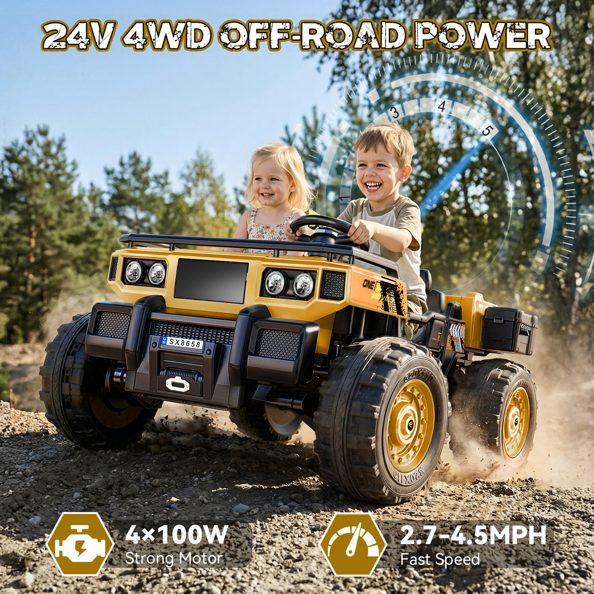 ARBELI 24V 4WD Ride on Dump Truck 2-Seater Ride on Toy Car for Kids 3-8yrs Electric dump bed, 4X100w motors, Max 4.5 mph & 132lb load, 20" wide seat, shovel, toolbox & cup holder, remote control