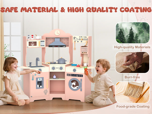 East doll Play Kitchen for Kids, Wooden Kids Play Kitchen Playset for Toddlers with 30 Pcs, Coffee Maker, CoffeeMicrowave, Real Lights & Sounds, Play Food & Cookware Accessories