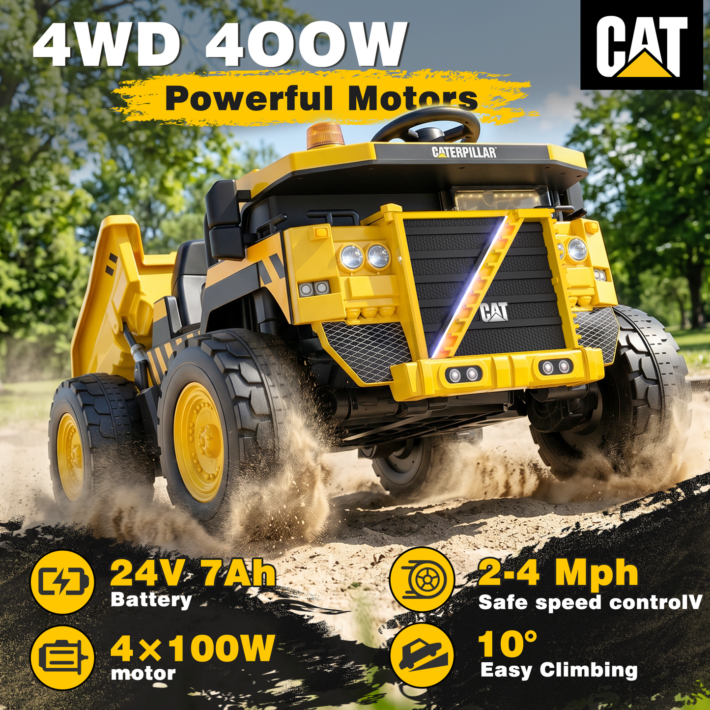 Eastdoll 24V Powered Ride on Dump Truck, Caterpillar Licensed 2 Seater Ride on Toy for Big Kids, 24 Ride ons for Ages 3-8, Ride on Car with Dump Bed, Remote Control, Shovel, Yellow