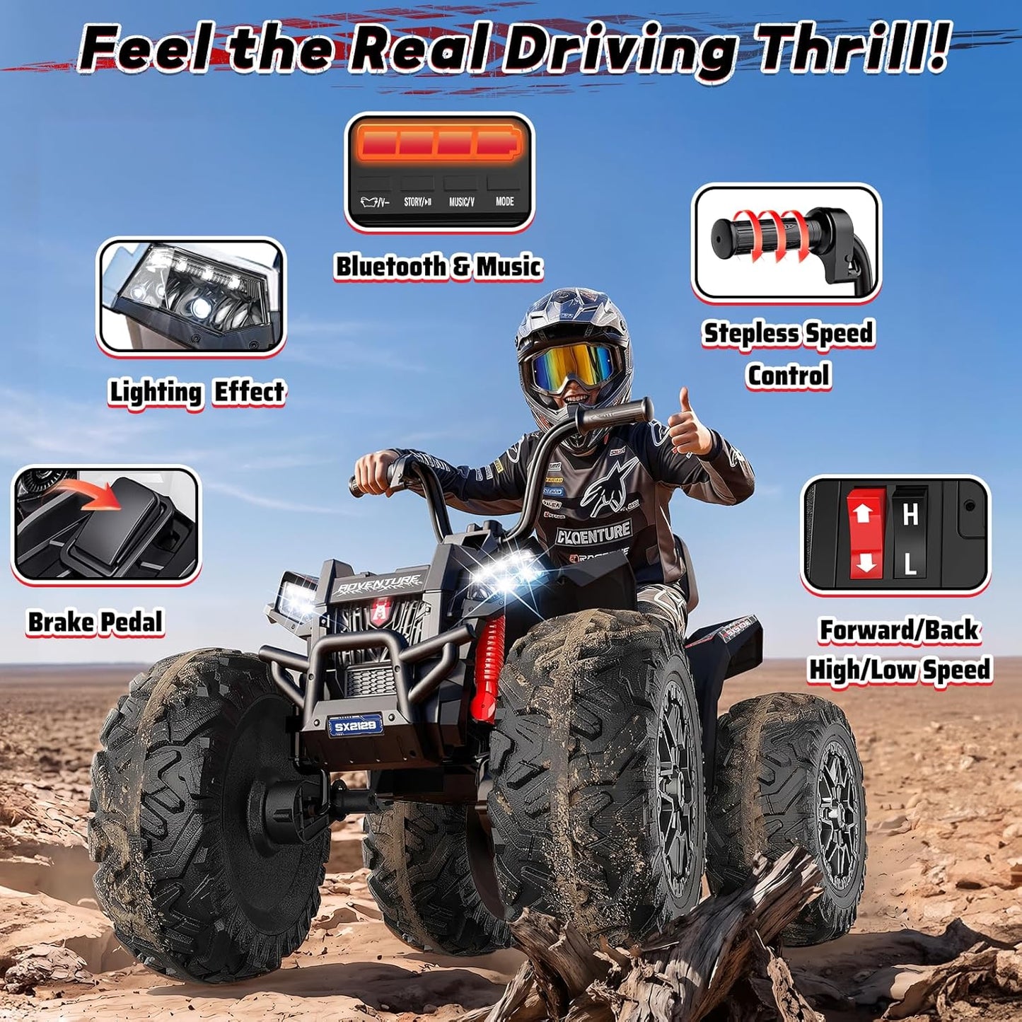 Kids ATV 4 Wheeler, 24V 4WD Ride On Toys Car for Big Kids 5-14, 800W Electric Vehicle Quad Max 7.5Mph w/XXXL EVA Tires, Sturdy Frame, 2 Seater, Soft Start, Shock Absorber, Bluetooth, LED Lights, Black-UPC: B0GWJDD779
