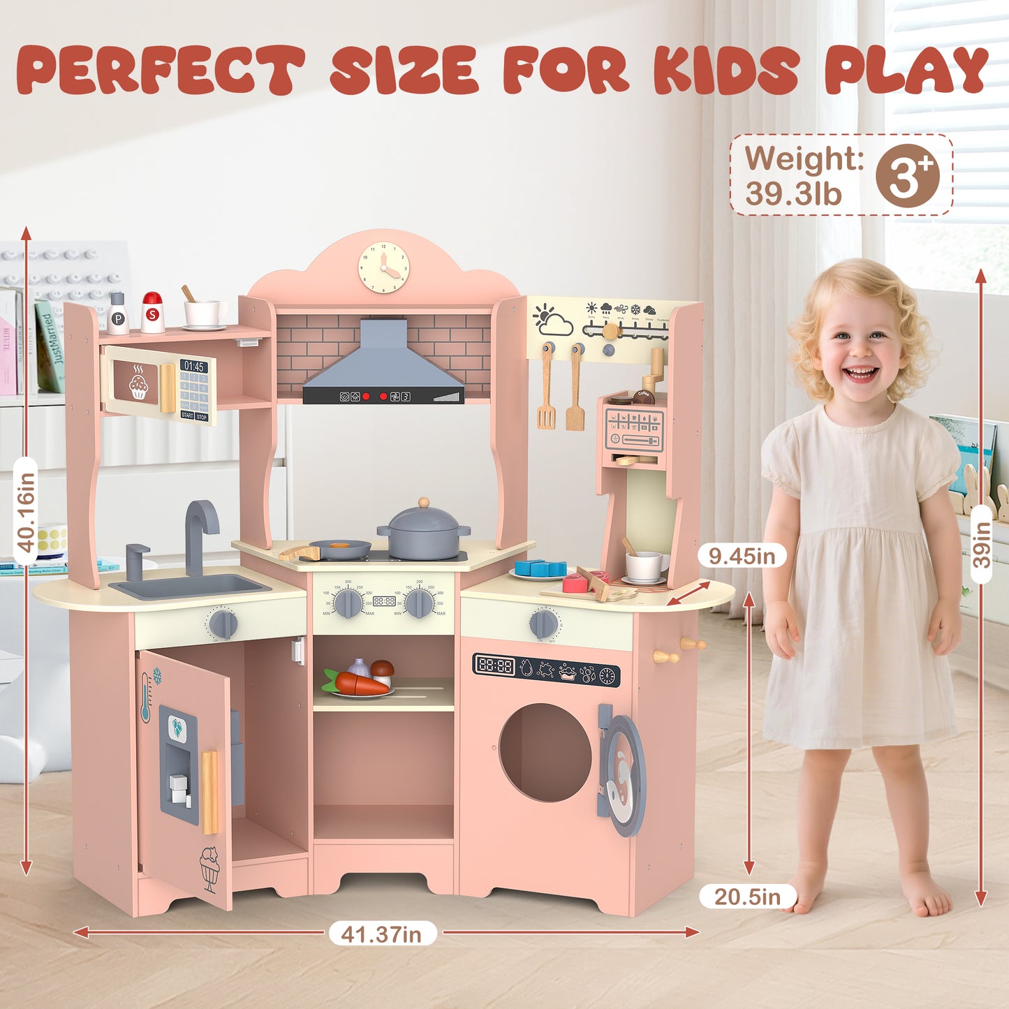 East doll Play Kitchen for Kids, Wooden Kids Play Kitchen Playset for Toddlers with 30 Pcs, Coffee Maker, CoffeeMicrowave, Real Lights & Sounds, Play Food & Cookware Accessories