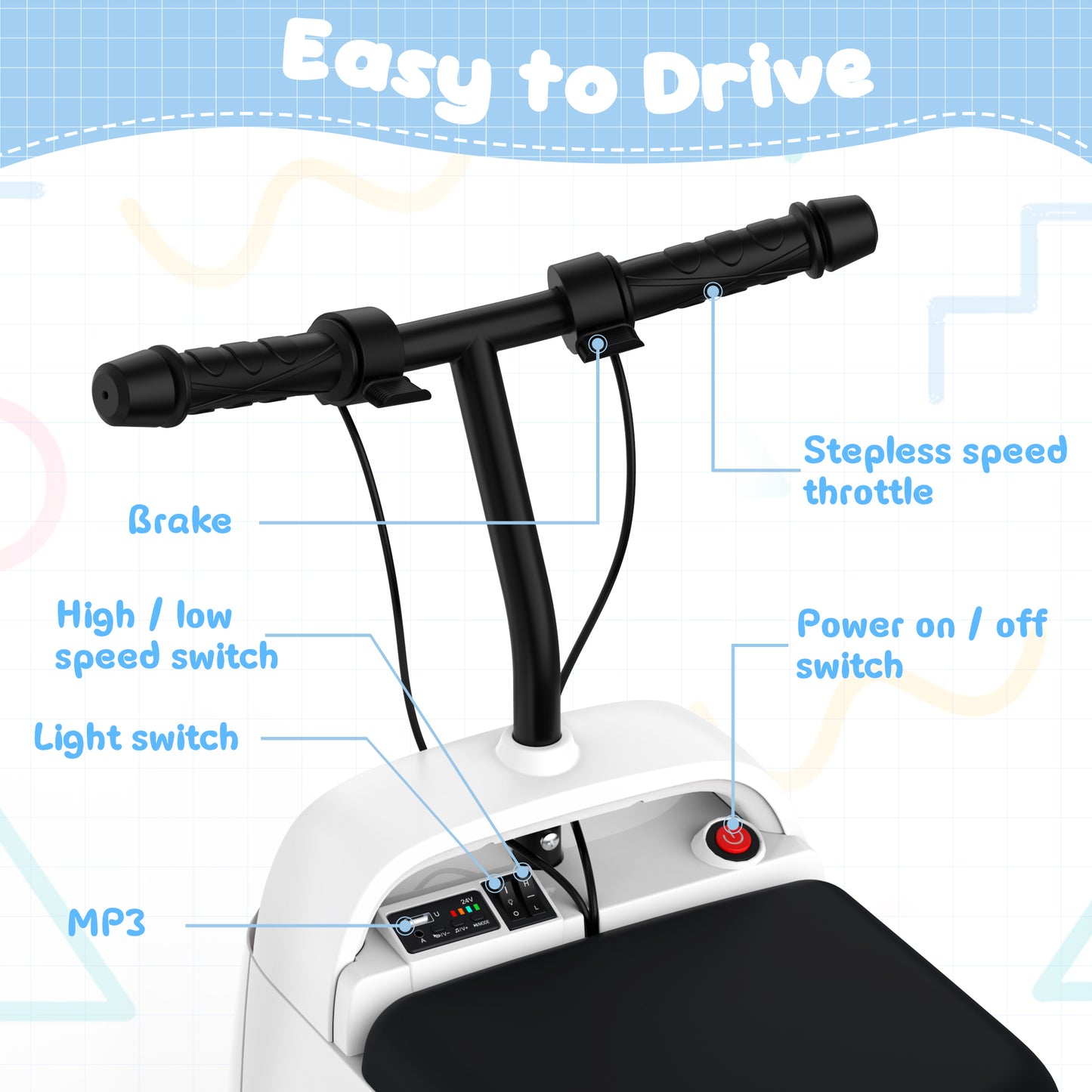 East doll 24V Ride on Car for Kids Aged 3-12, Kids Riding Toys, Toddler car, 180W Quiet Motor, DIY Stickers, Ideal for indoors, Music Player, LED Light, USB