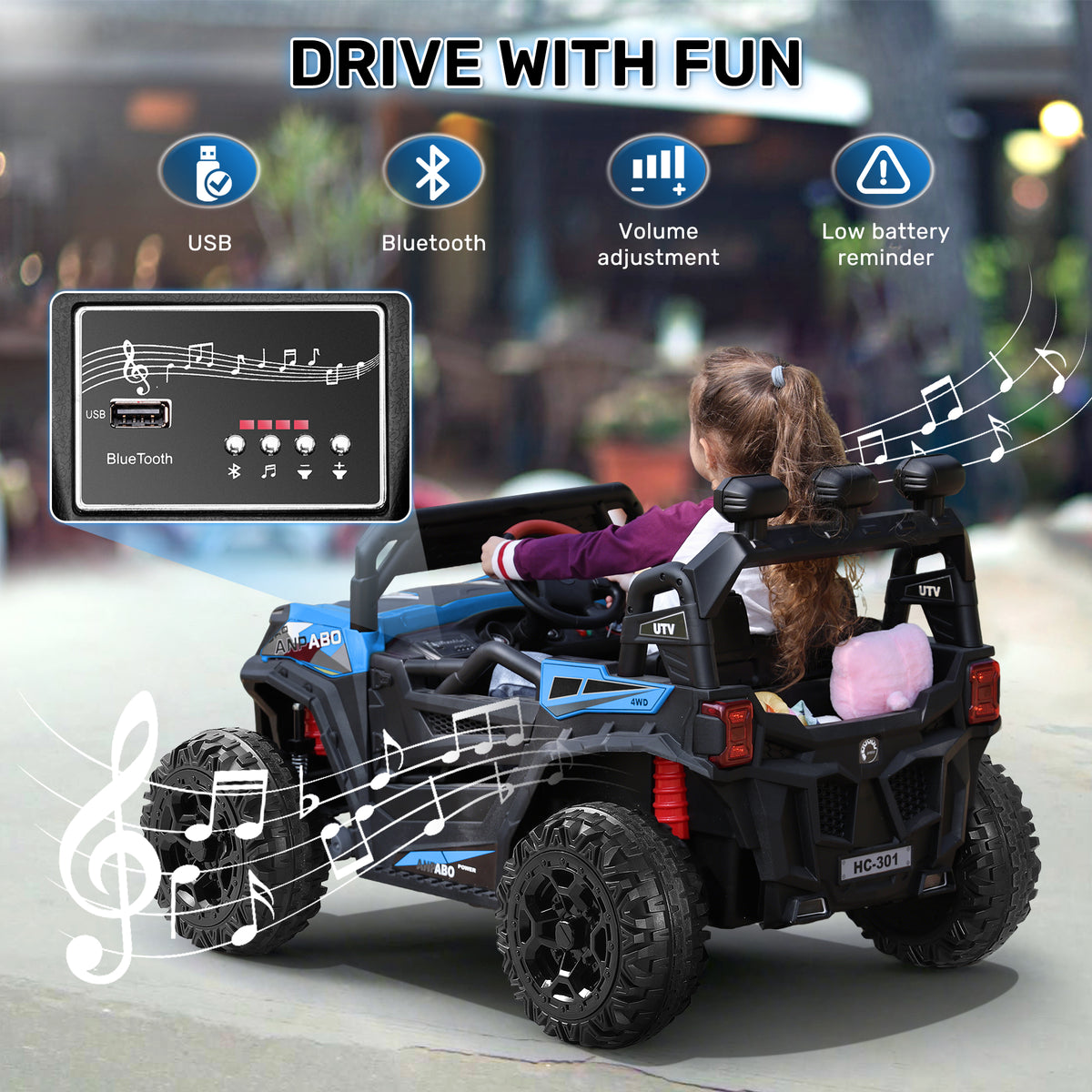 ANPABO 24 Volt Ride On Toys for Big Kids, 4WD/2WD, w/ Remote Control, Blue, 4WD Off-Road Fun, 4 Shock Absorbers, 19" Wide Seat, 4-Point Safety Harness, Up to 4.5 MPH, Built-In Storage Trunk