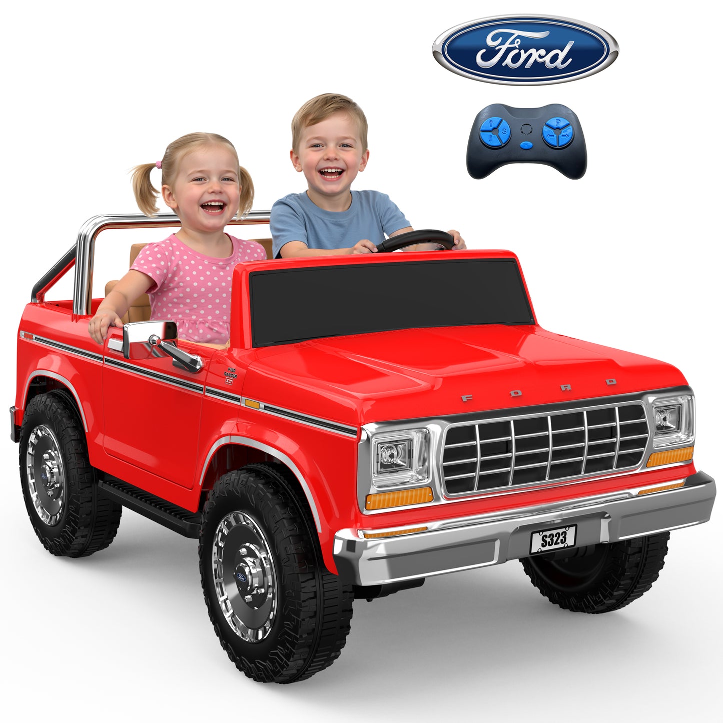 East doll 24V 2 Seater Power Ride on Car for Kids, Licensed Ford 1973 Ford F-150 Ride on Dump Truck, Remote Control, Bluetooth, Storage Bed