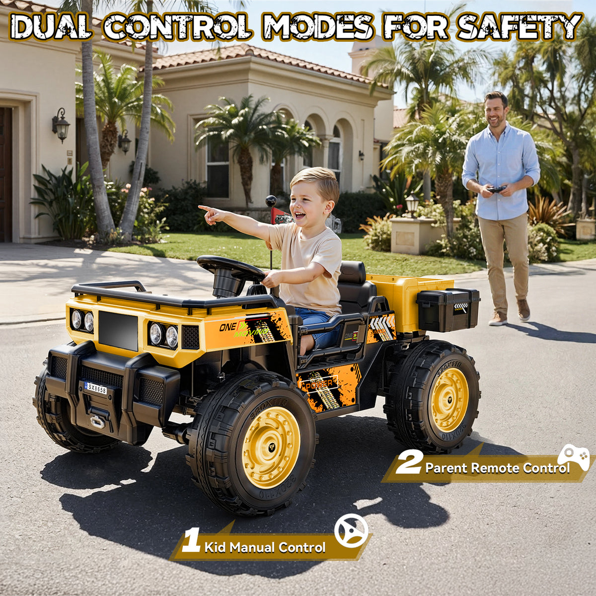 ARBELI 24V 4WD Ride on Dump Truck 2-Seater Ride on Toy Car for Kids 3-8yrs Electric dump bed, 4X100w motors, Max 4.5 mph & 132lb load, 20" wide seat, shovel, toolbox & cup holder, remote control