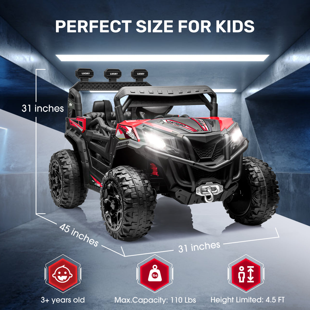 ANPABO 24 Volt Ride On Toys for Big Kids, 4WD/2WD, w/ Remote Control, Red, 4WD Off-Road Fun, 4 Shock Absorbers, 19" Wide Seat, 4-Point Safety Harness, Up to 4.5 MPH, Built-In Storage Trunk