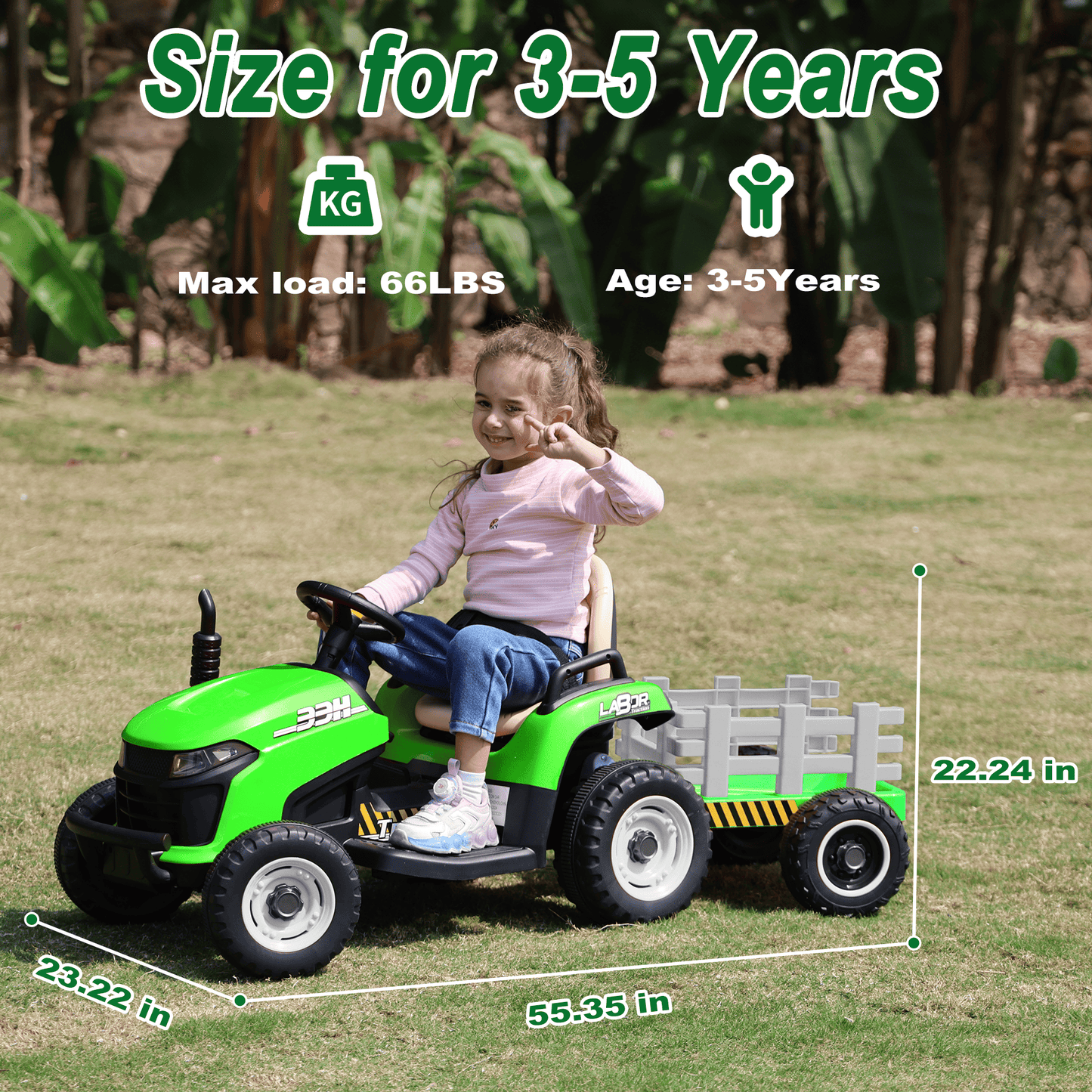 East doll 24 Volt Ride on Toys Car for Kids, Ride-on Tractor with Trailer, Electric Car for Kids, Power EVA Four Wheeler with Remote Control, 4.3Mph, Music Player, LED Light