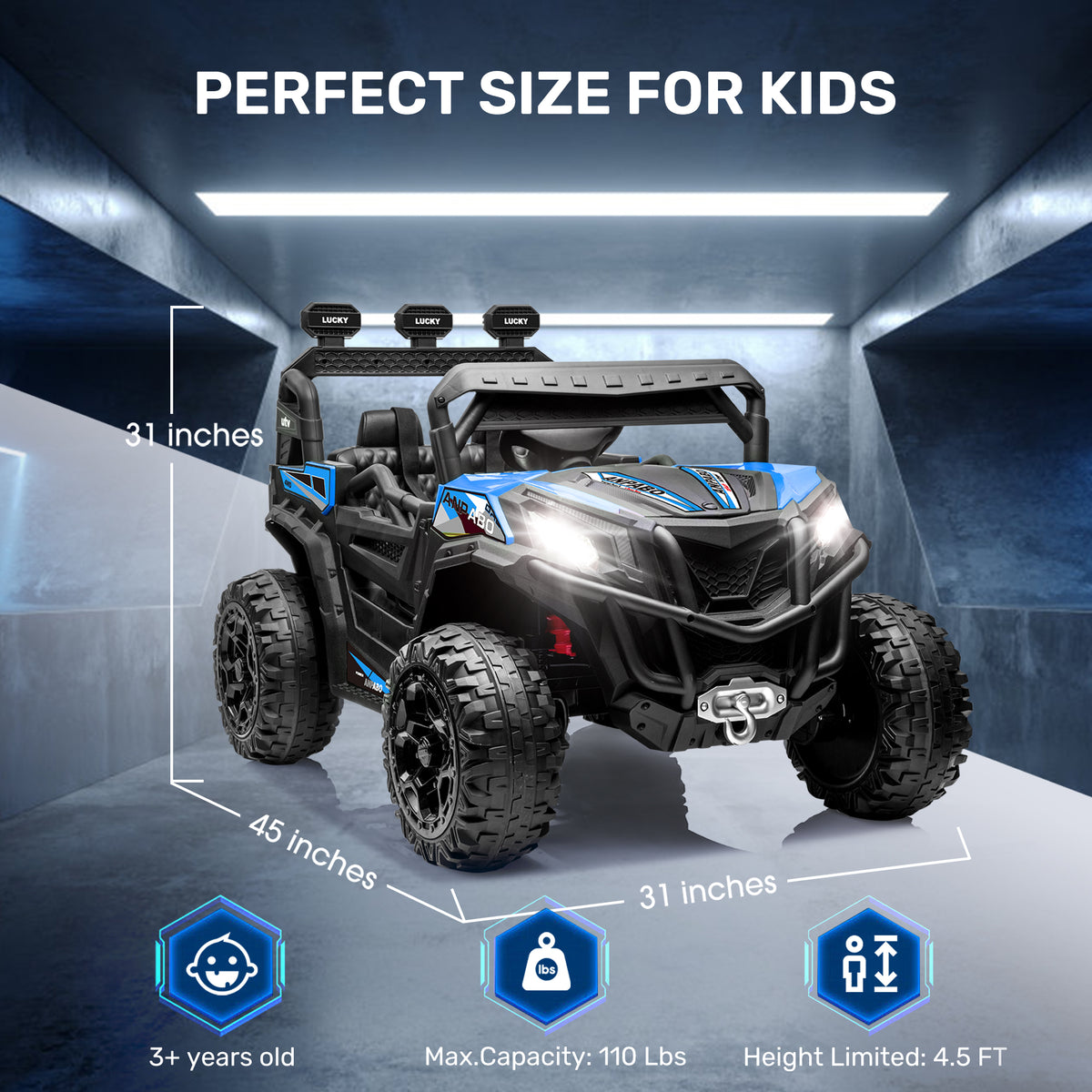 ANPABO 24 Volt Ride On Toys for Big Kids, 4WD/2WD, w/ Remote Control, Blue, 4WD Off-Road Fun, 4 Shock Absorbers, 19" Wide Seat, 4-Point Safety Harness, Up to 4.5 MPH, Built-In Storage Trunk