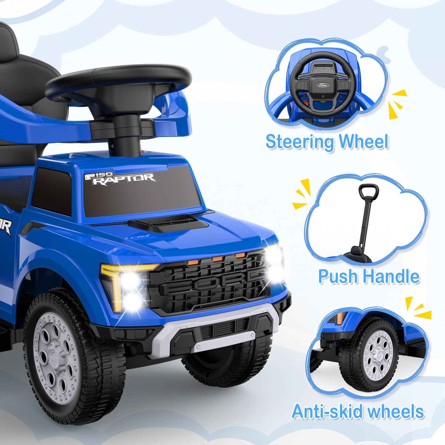 East doll 3 In 1 Push Car for Toddlers, Licensed Ford kid ride on toy, 4 wheeler ride on, Stroller Sliding Walking Car with Push Handle, Under Seat Storage, Led light, Horn