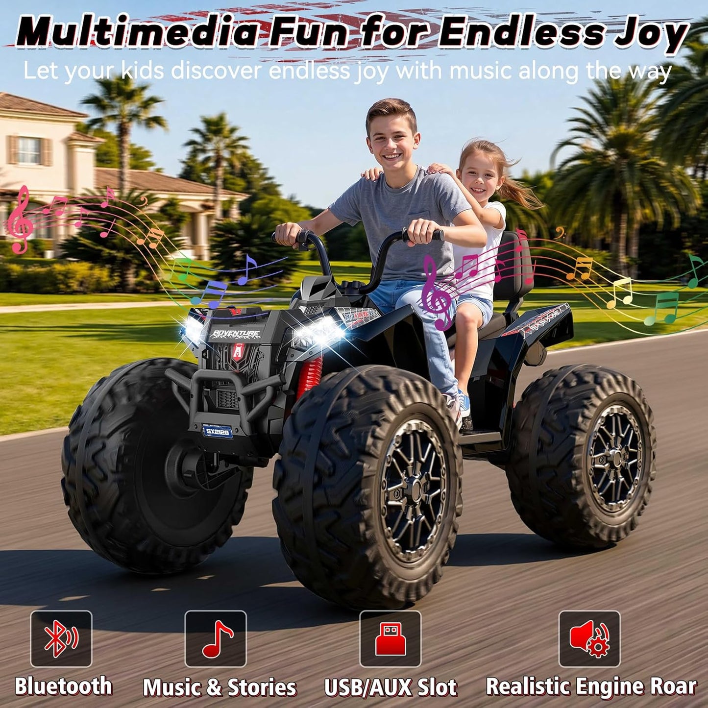 Kids ATV 4 Wheeler, 24V 4WD Ride On Toys Car for Big Kids 5-14, 800W Electric Vehicle Quad Max 7.5Mph w/XXXL EVA Tires, Sturdy Frame, 2 Seater, Soft Start, Shock Absorber, Bluetooth, LED Lights, Black-UPC: B0GWJDD779