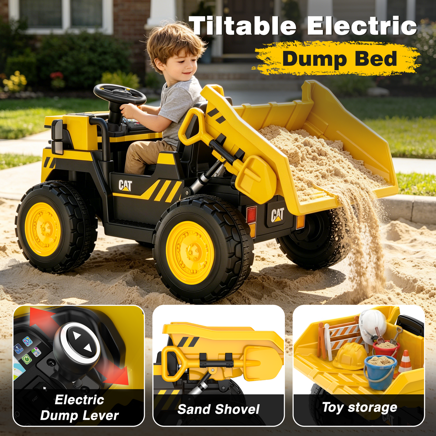 Eastdoll 24V Powered Ride on Dump Truck, Caterpillar Licensed 2 Seater Ride on Toy for Big Kids, 24 Ride ons for Ages 3-8, Ride on Car with Dump Bed, Remote Control, Shovel, Yellow