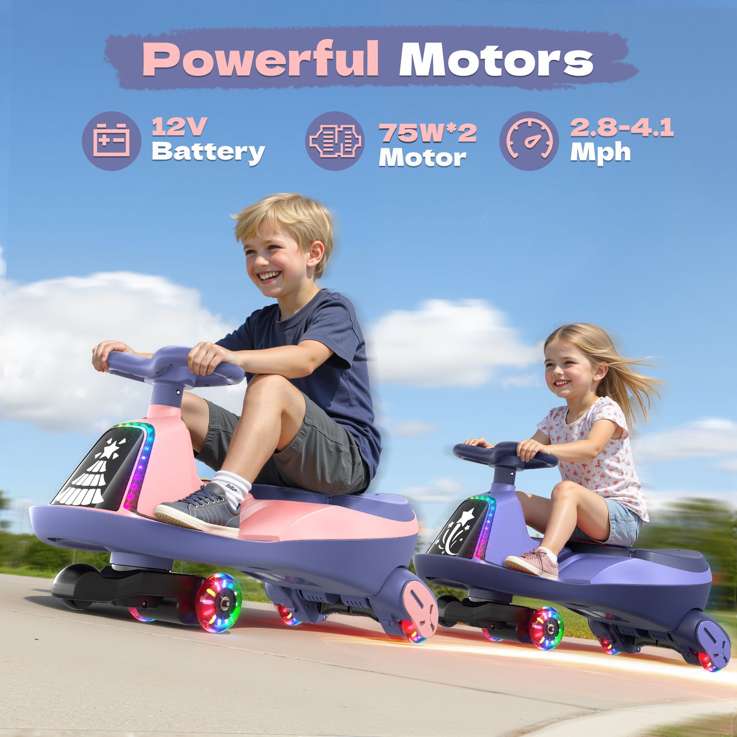 ANPABO 12V Electric Wiggle Car with Pedals, 2 Seater, 2x75W Motor, Music & Bluetooth, Ride On Toy for Kids Ages 3+, 170 Lbs, Pink--UPC: B0FTYJKS84