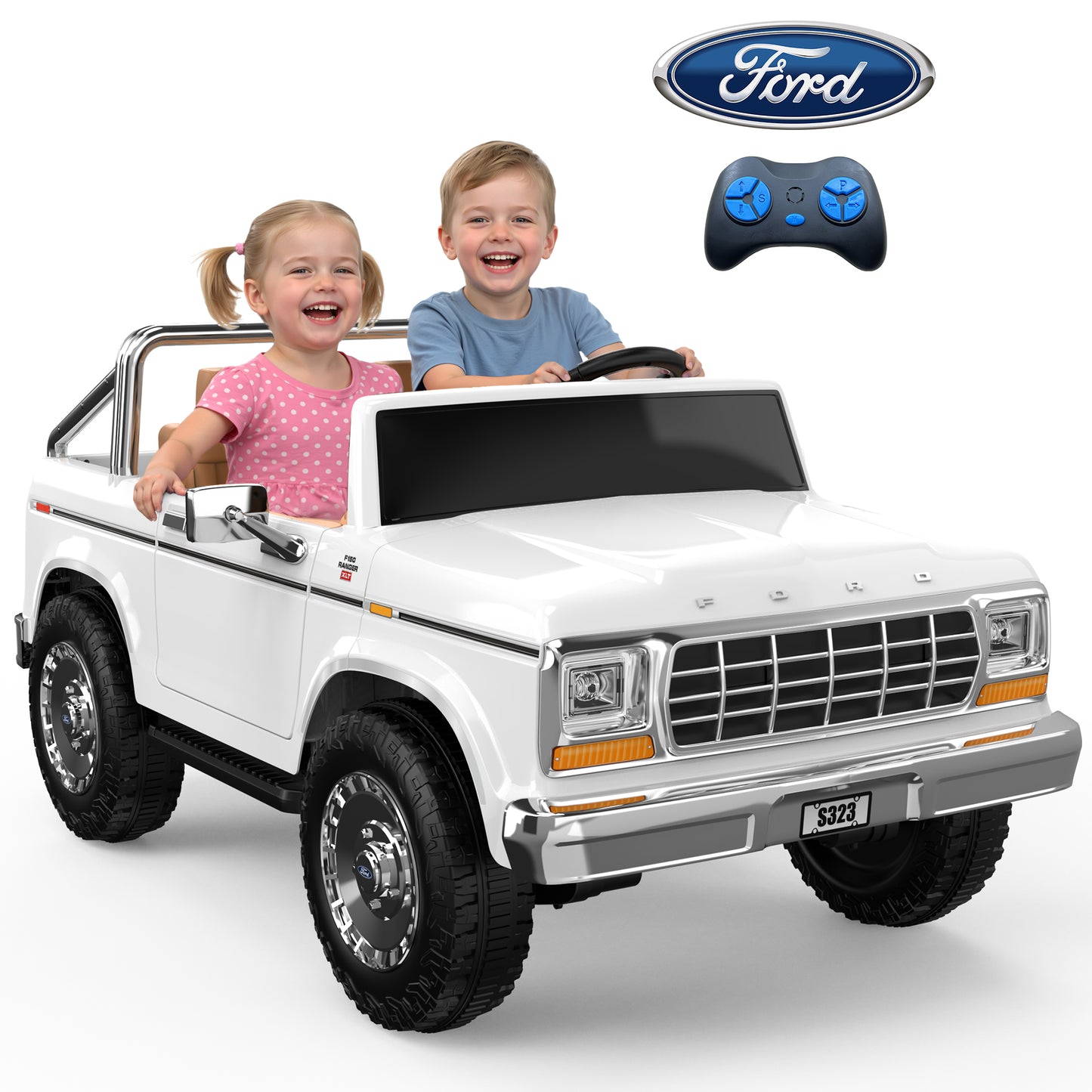 East doll 24V 2 Seater Power Ride on Car for Kids, Licensed Ford 1973 Ford F-150 Ride on Dump Truck, Remote Control, Bluetooth, Storage Bed