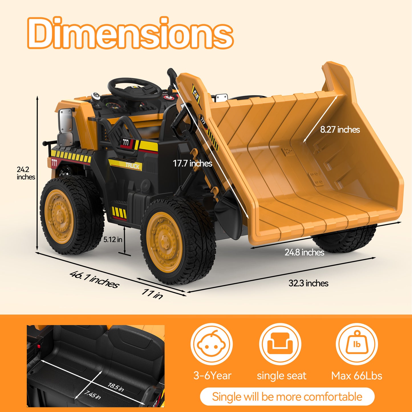 East doll 24V Ride on Dump Truck, Ride on UTV Car for Kids with Electric Dump Bed, 300W Powerful Motors, 4.4Mph, Remote Control, EVA Tires, Electric Truck for Kids