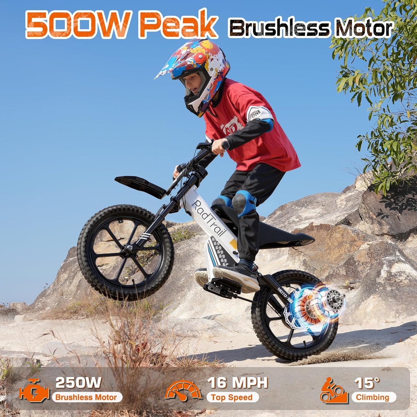 East doll 36V Electric Dirt Bike for Kids, 500W Peak Brushless Motor, 16" Pneumatic Tires