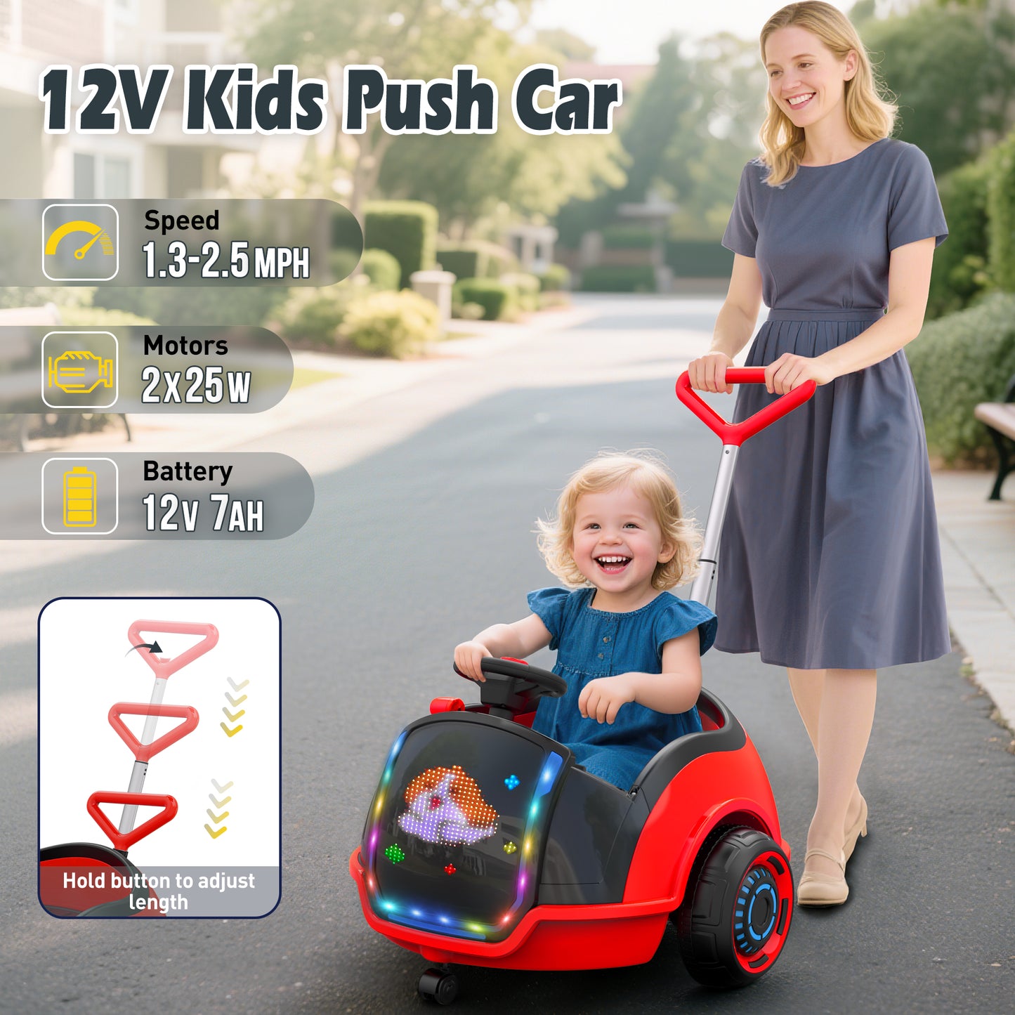 East doll 12V Toddler Push Car with Big LED Screen, 8 Dynamic Patterns for Free Switching, Electric Ride on Toy for Kids Aged 18M-3Y, Red