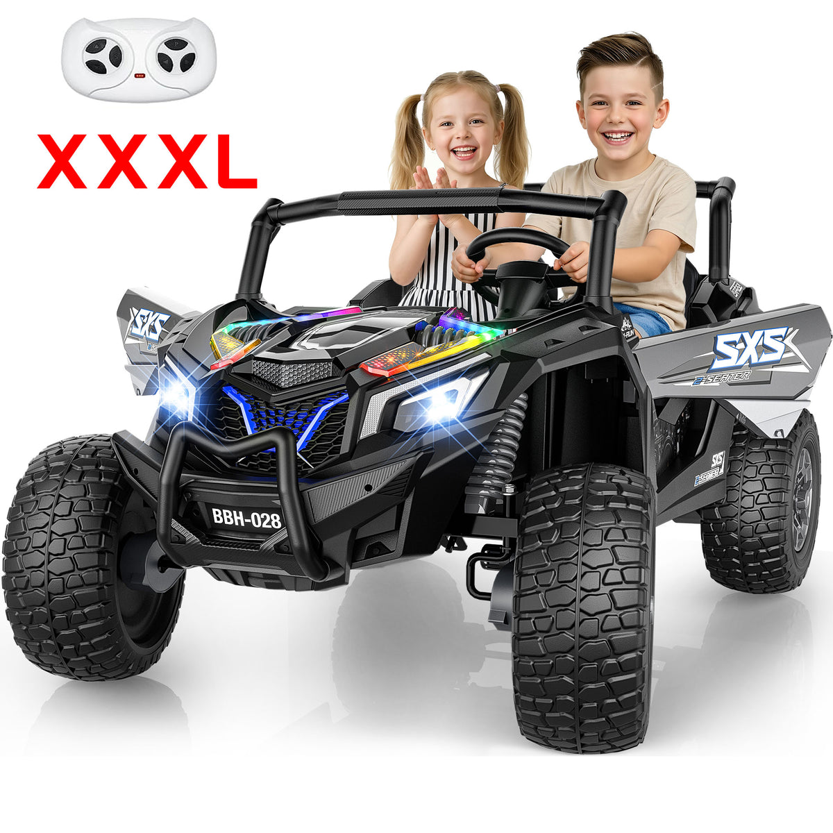 TOYBSNR 24 Volt 2-Seater Ride on Toys with Remote Control, 4WD XXXL Electric Car for Kids Ages 3-14, Ride on Cars UTV with 15" EVA Tires, Rainbow LED Lights, Bluetooth Music, Spring Suspension