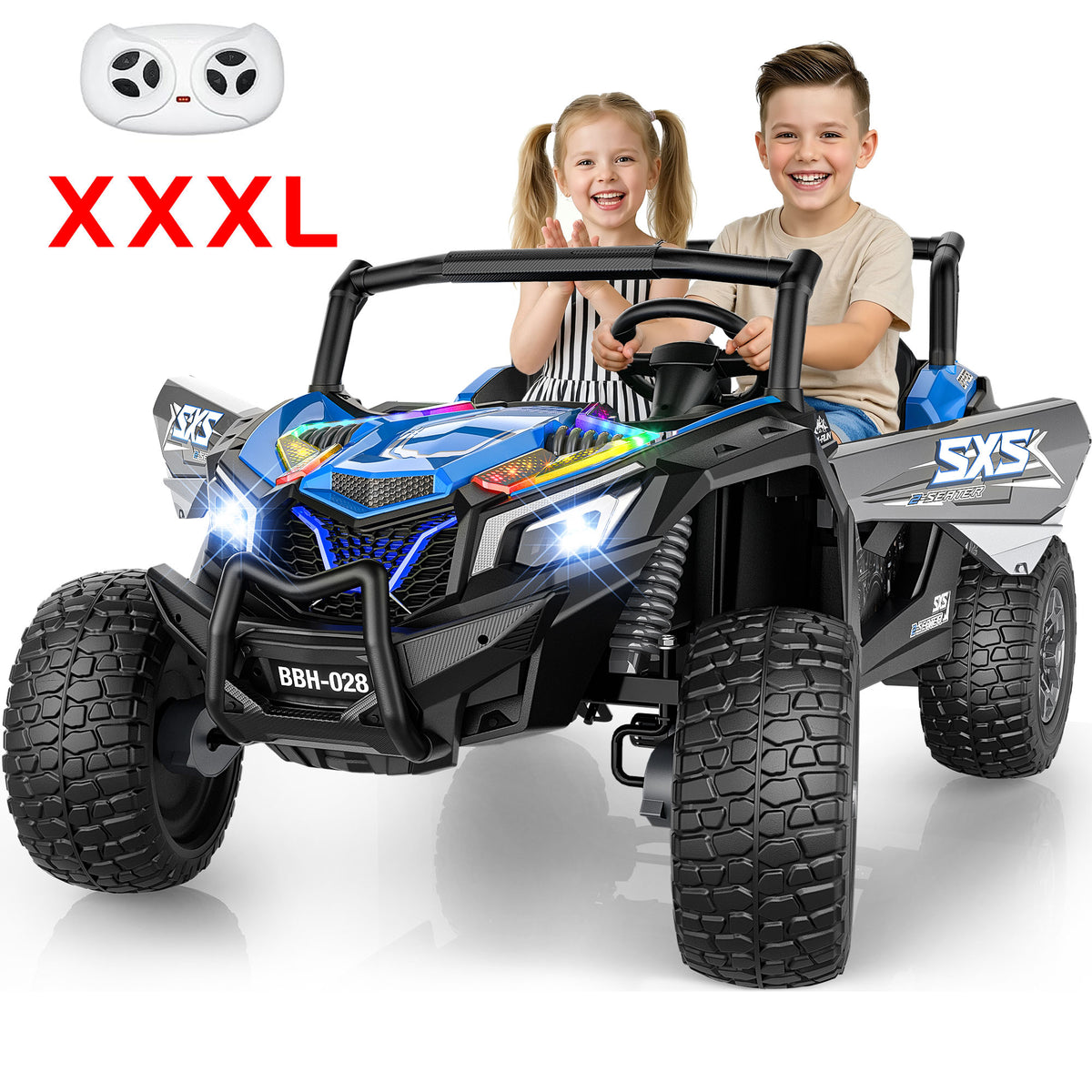 TOYBSNR 24 Volt 2-Seater Ride on Toys with Remote Control, 4WD XXXL Electric Car for Kids Ages 3-14, Ride on Cars UTV with 15" EVA Tires, Rainbow LED Lights, Bluetooth Music, Spring Suspension