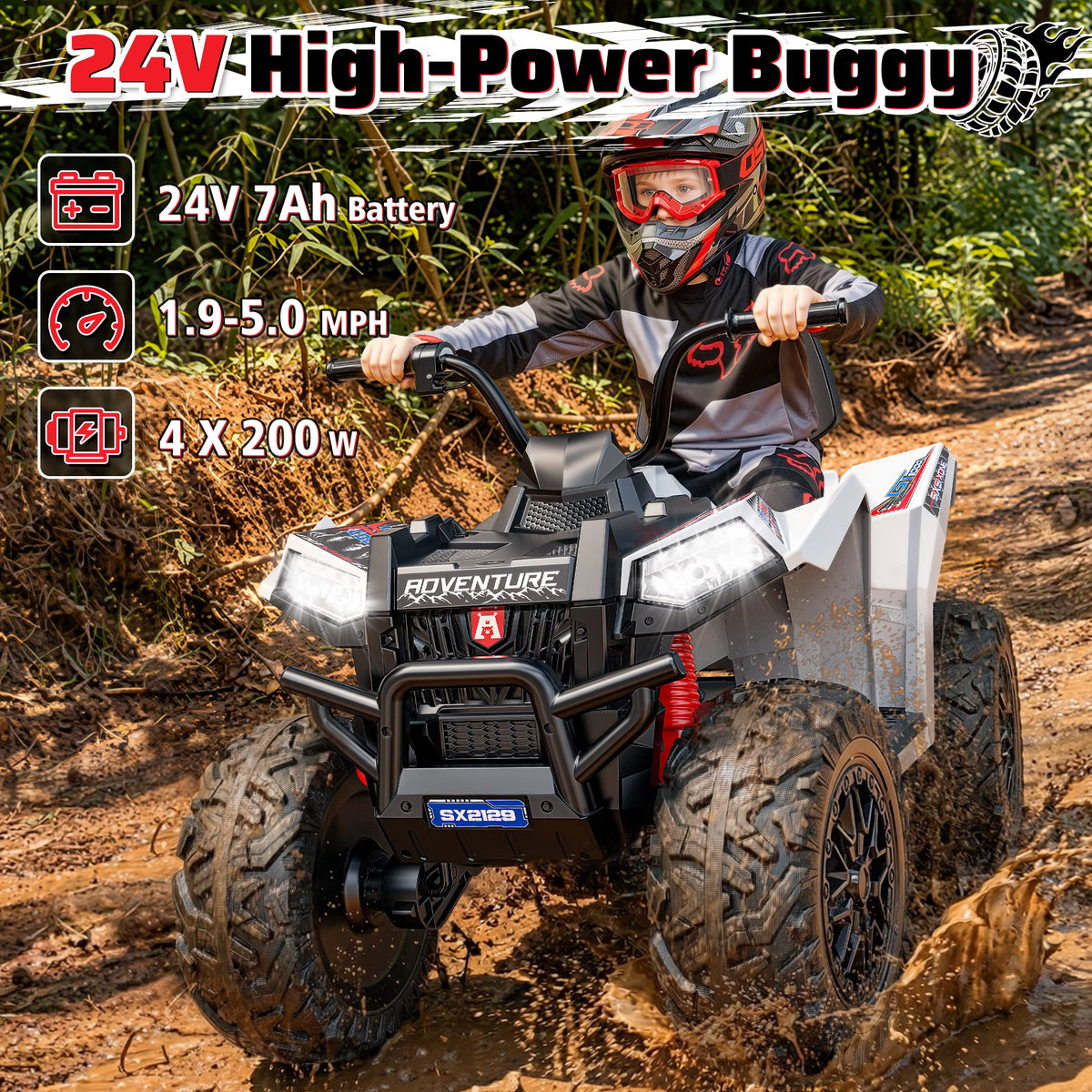 TOYBSNR 24V 2 Seater Kids ATV 4 Wheeler, XXXL 4X4 Ride on Toys with 800W, 17" Big EVA Tires, Electric Car for Kids Ages 5-14, Ride on ATV with Music Bluetooth, Spring Suspension, Max 7.5MPH