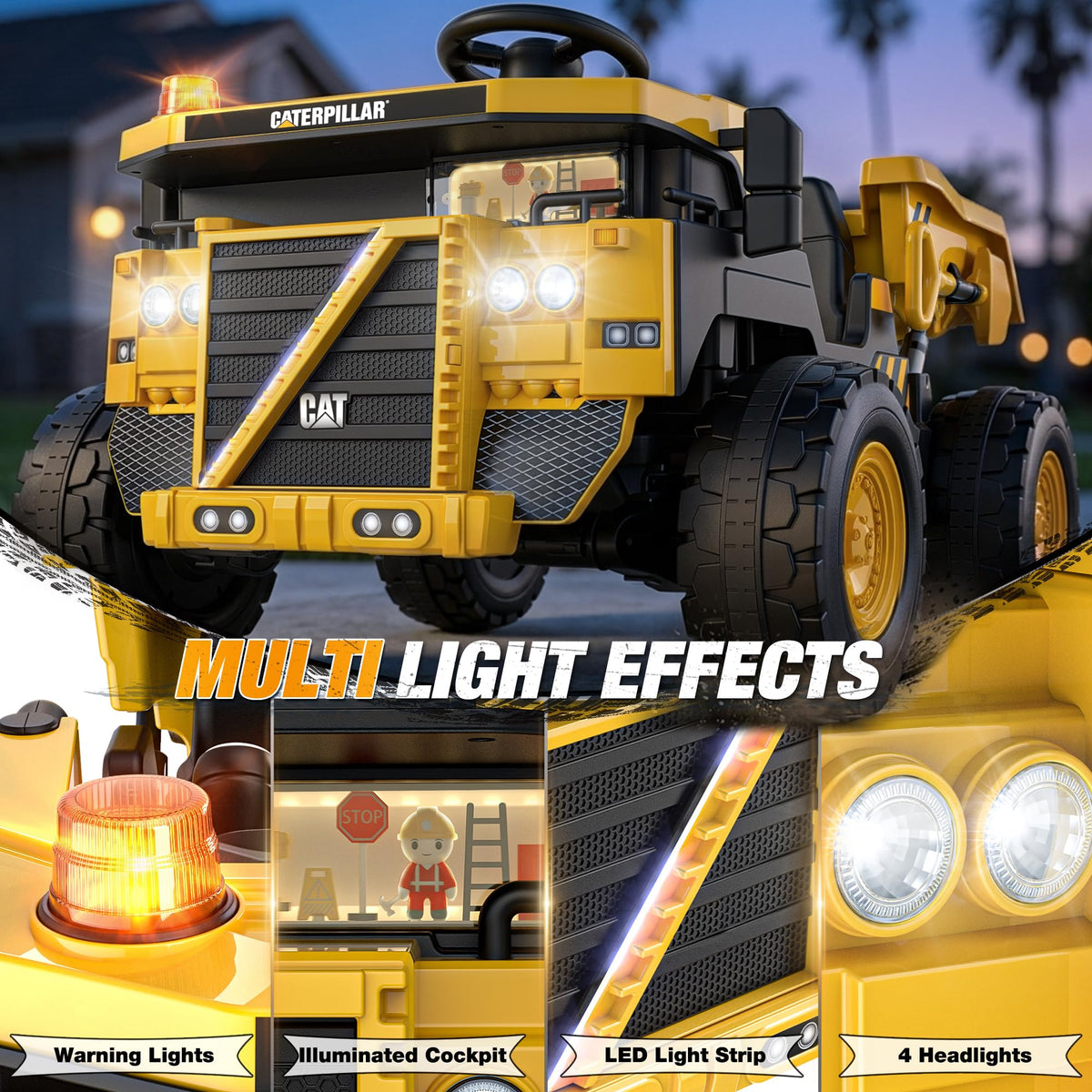 AceCruisers Licensed Caterpillar 24V 2 Seater Ride On Dump Truck for Kids, 4WD w/Remote