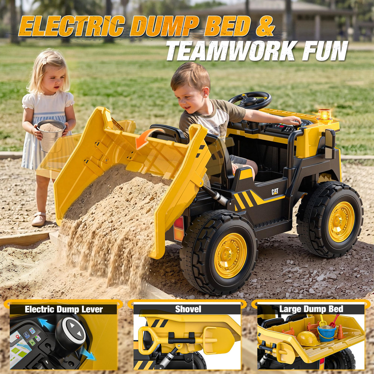 AceCruisers Licensed Caterpillar 24V 2 Seater Ride On Dump Truck for Kids, 4WD w/Remote