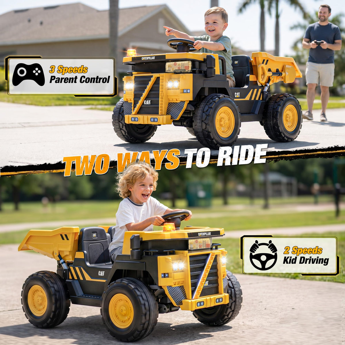 AceCruisers Licensed Caterpillar 24V 2 Seater Ride On Dump Truck for Kids, 4WD w/Remote